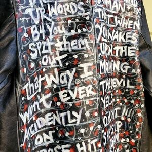 CALVIN KLEIN SzM SPOKEN WORD HAND PAINTED LEATHER JACKET BLK
